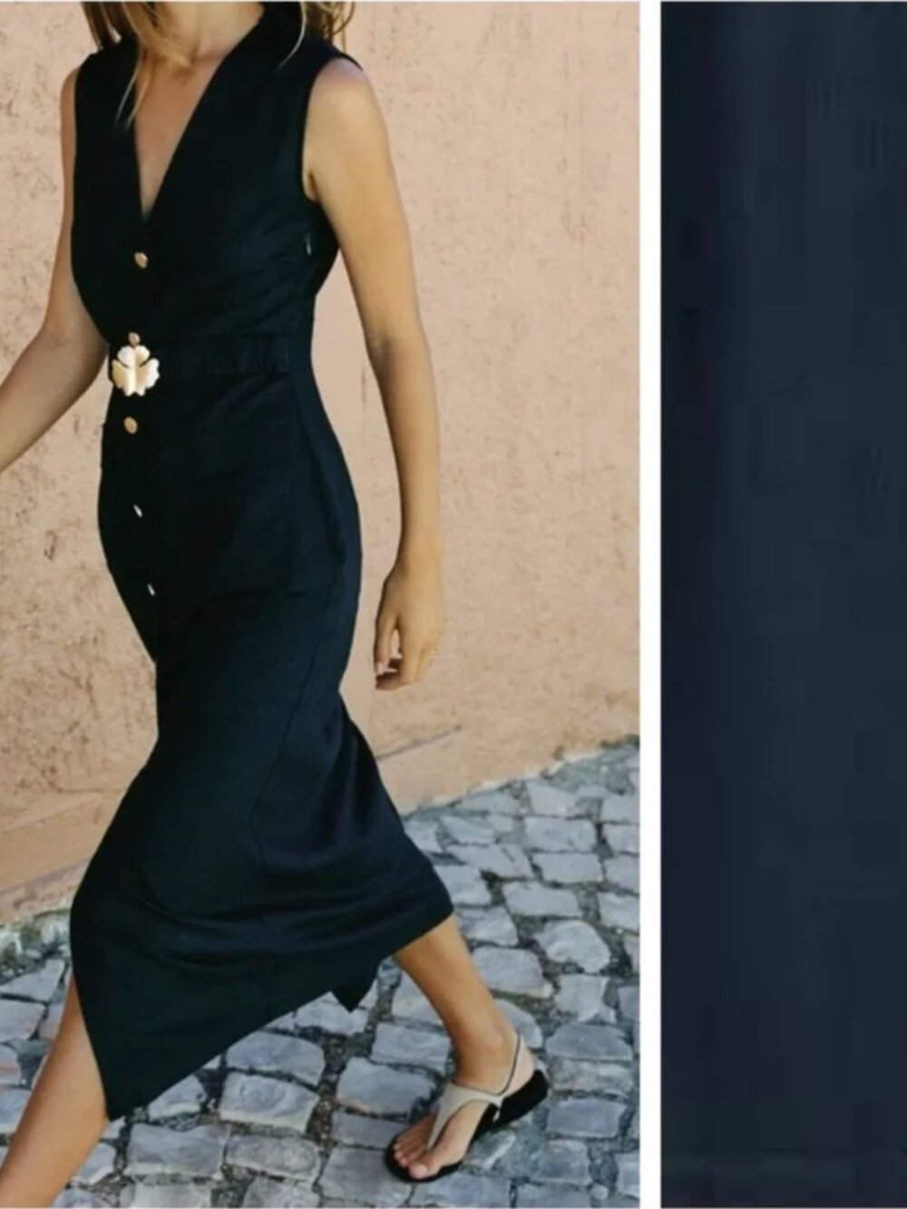 Zara Linen Belted Midi Dress In Navy Blue Size L NWT